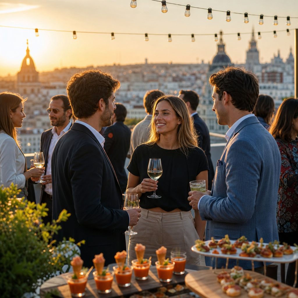 Cóctel de bienvenida de empresa en una terraza de Madrid en septiembre con profesionales brindando al atardecer