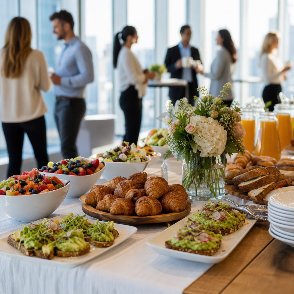 Montaje de brunch de empresa con buffet de bollería, frutas y zumos en oficina luminosa