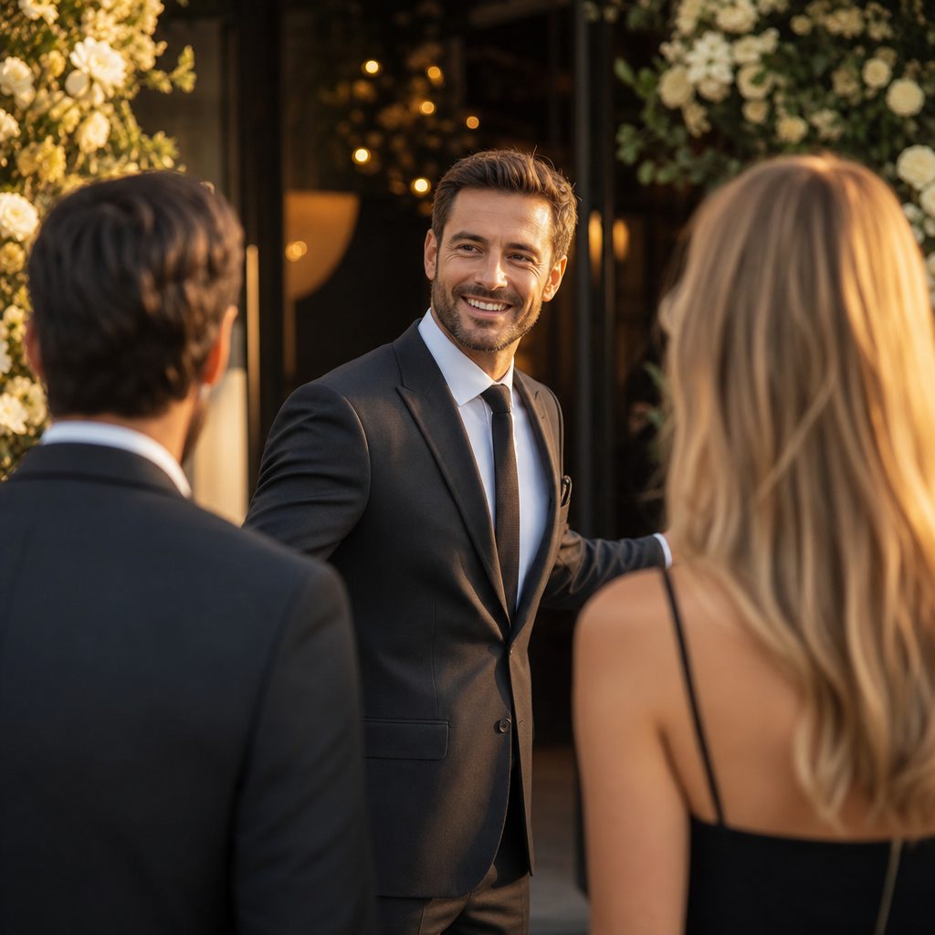 Anfitrión recibiendo a los invitados en la entrada de un evento elegante