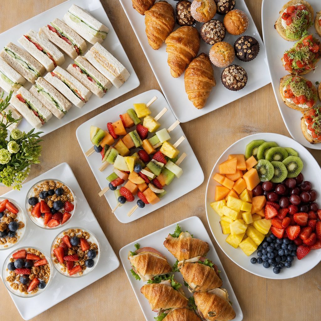 Variedad de productos dulces, salados y saludables típicos de un coffee break corporativo