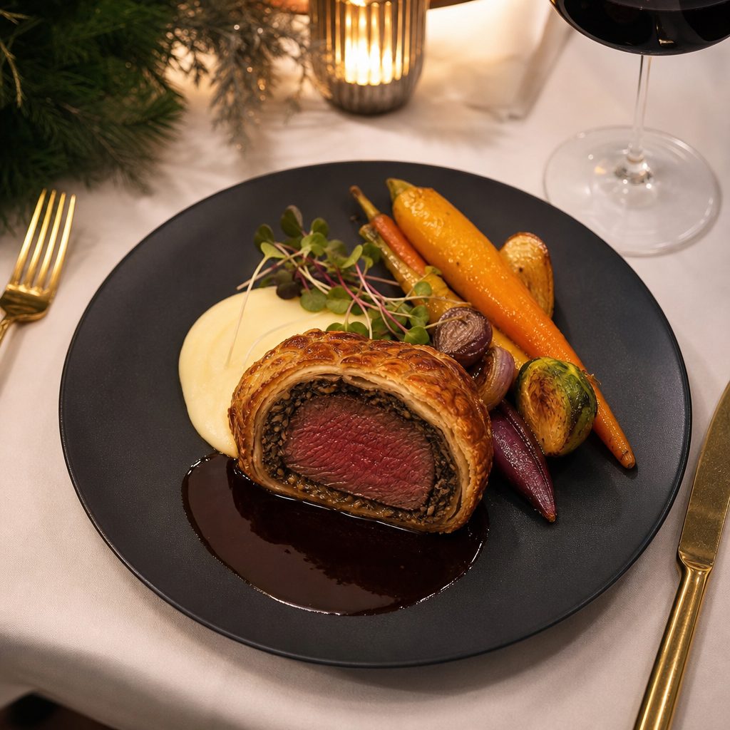 Plato principal gourmet servido en una cena de empresa navideña con solomillo Wellington y verduras