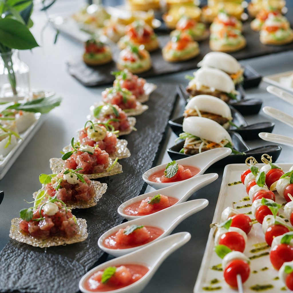 Selección de canapés y aperitivos frescos para un cóctel corporativo de septiembre en Madrid