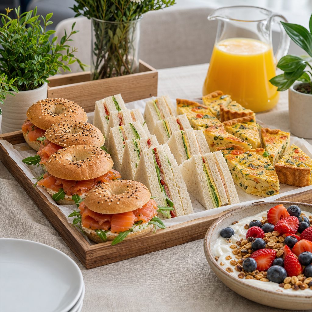 Estación de buffet de brunch corporativo con mini bagels, sándwiches y bowl de yogur con granola