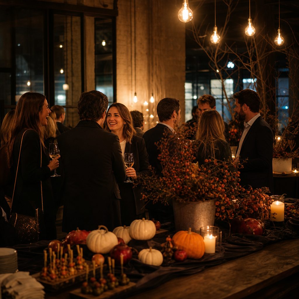 Cóctel de Halloween para empresa en Madrid con decoración otoñal elegante y camareros sirviendo aperitivos