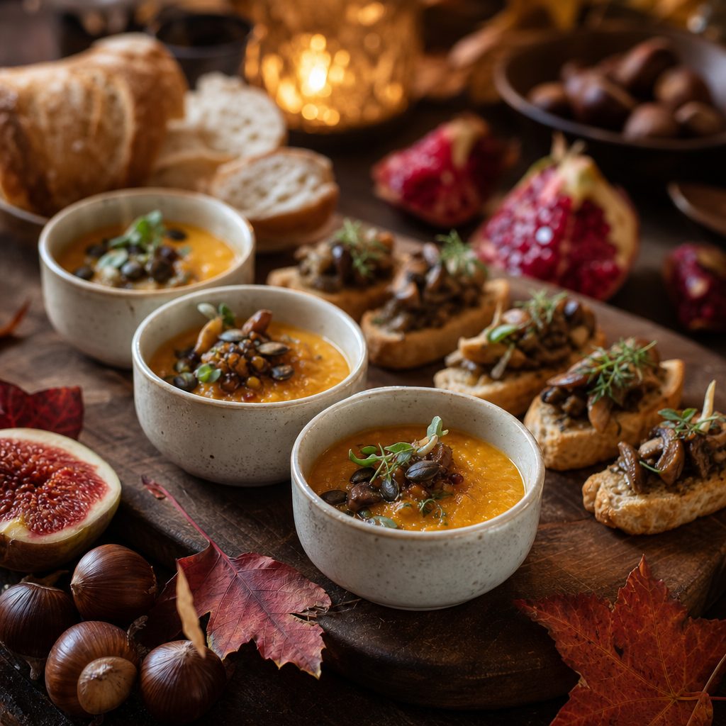 Mesa de catering de otoño con crema de calabaza, canapés de setas y frutas de temporada