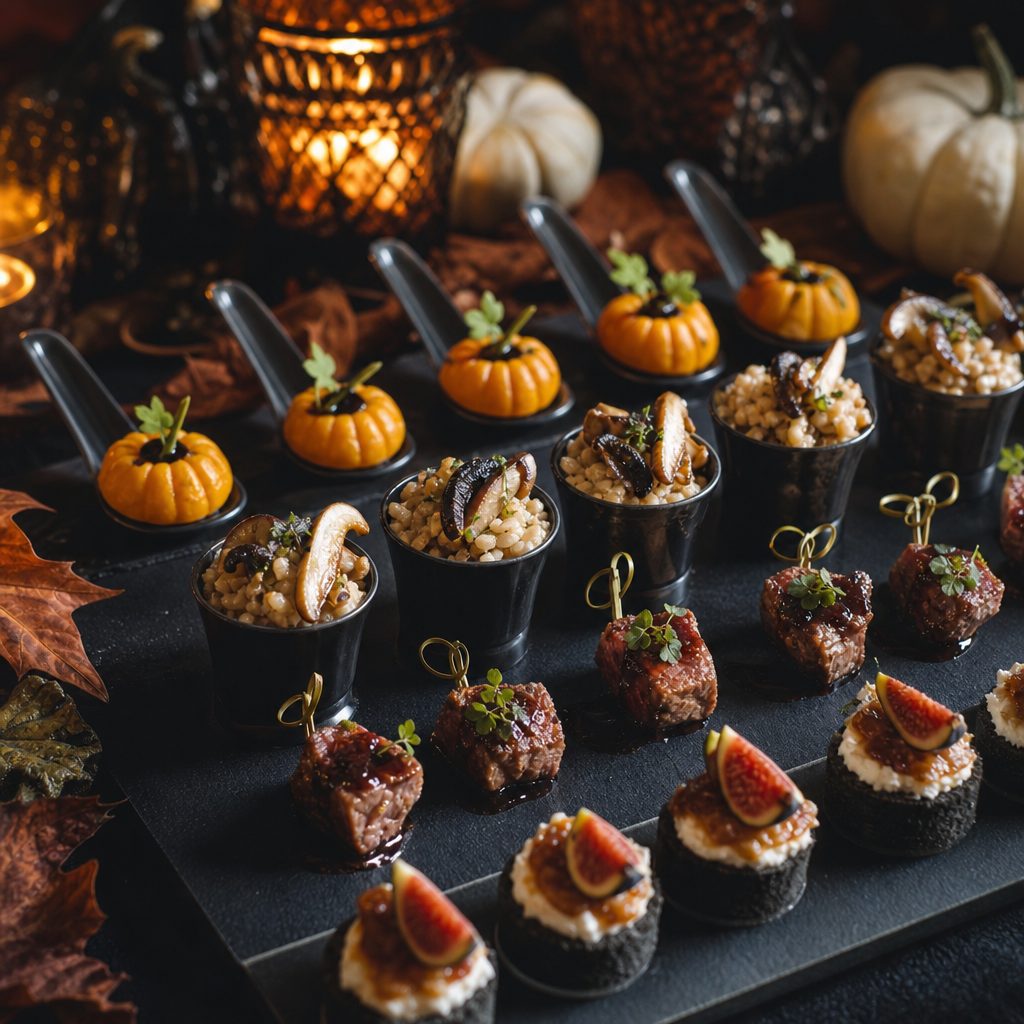 Aperitivos gourmet de catering temático de Halloween con crema de calabaza, brochetas y tartaletas sobre pizarra oscura