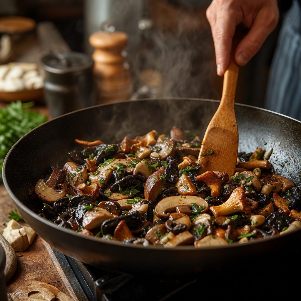 Salteado de setas variadas de temporada, boletus, rebozuelos y trompetas, cocinándose en sartén